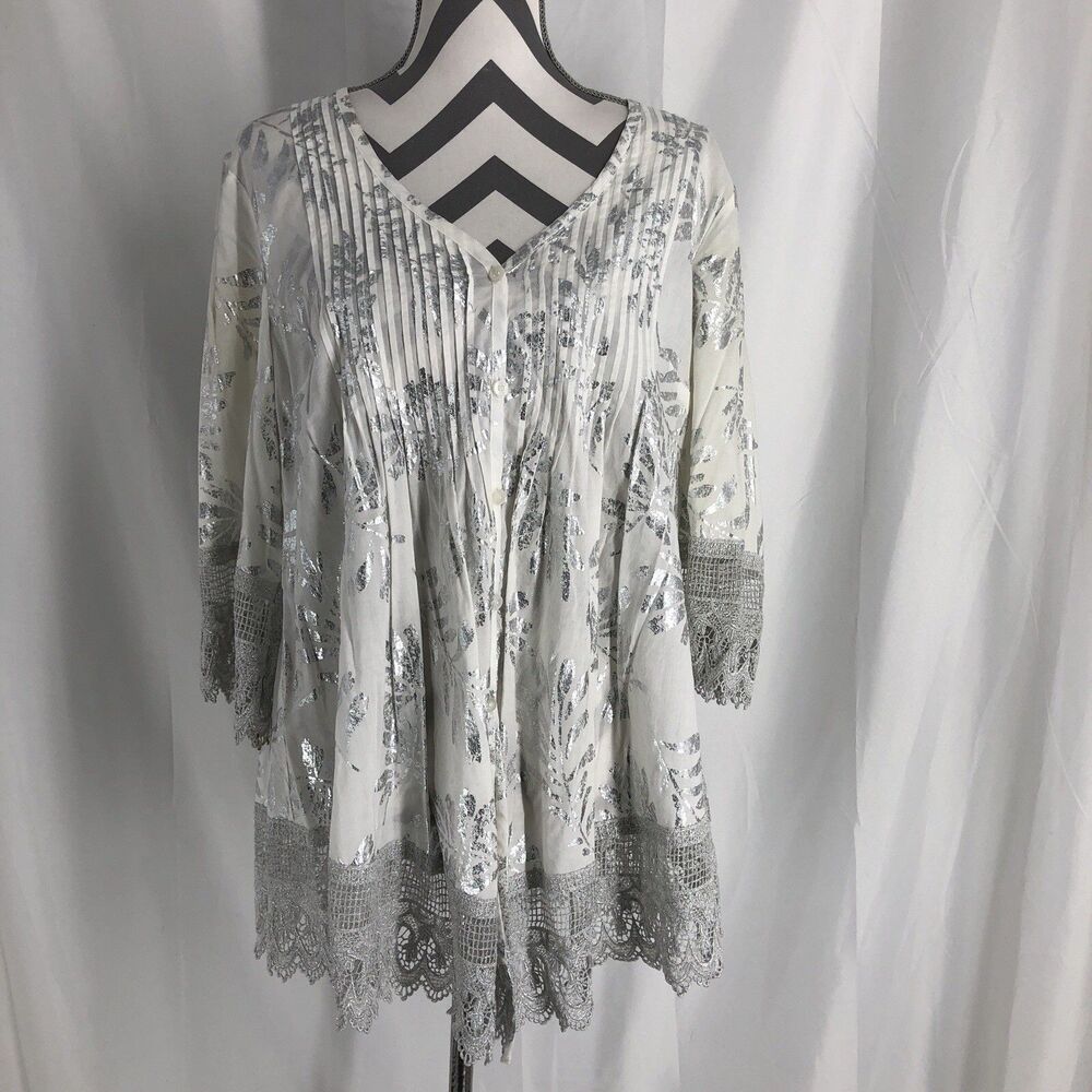 Alfani Womans 14 Blouse White Silver Lace Pintuck 3/4 Slve Cotton Boho Lagenlook
